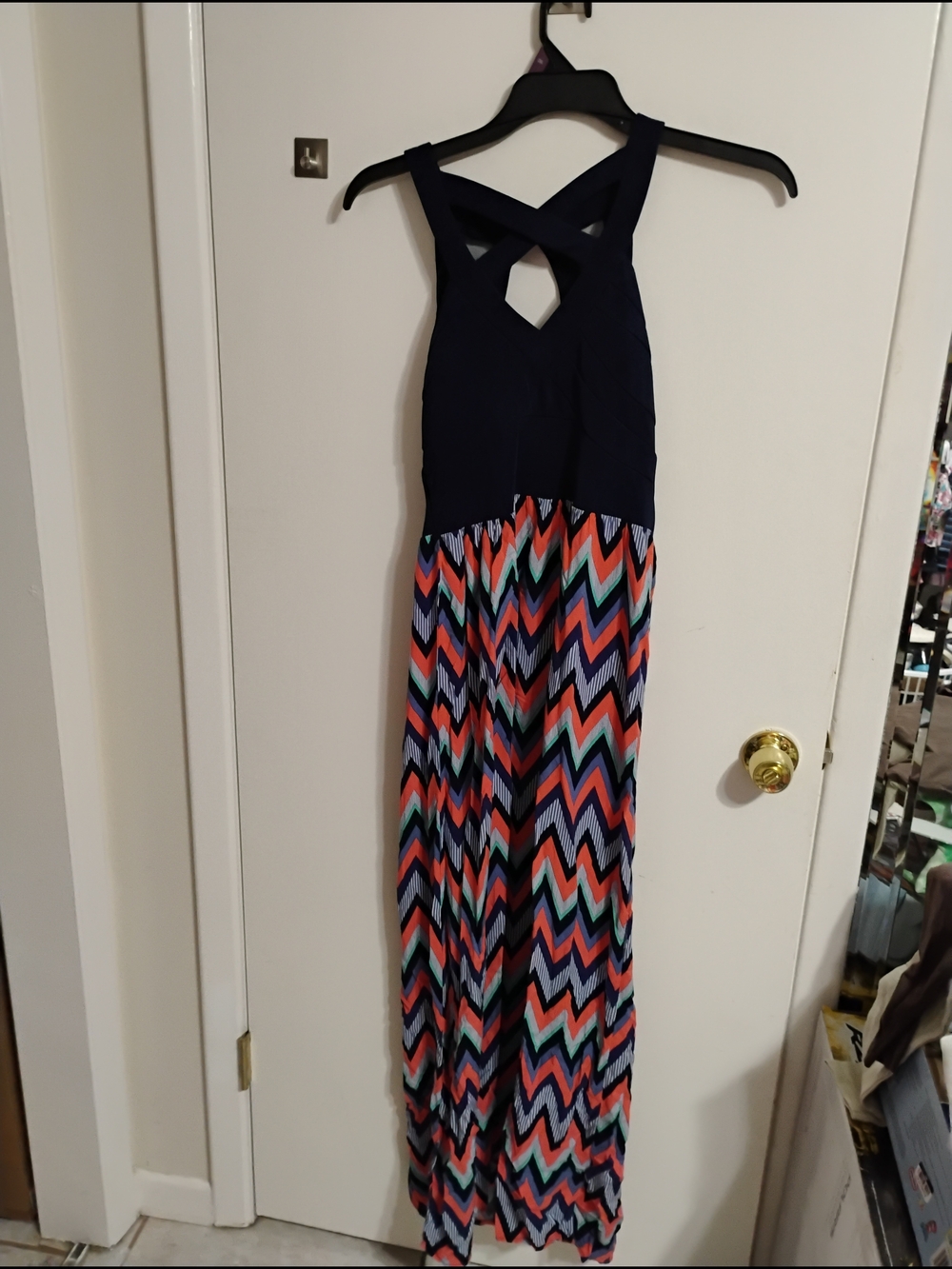 Crystal Doll Navy and Coral Chevron Maxi Dress